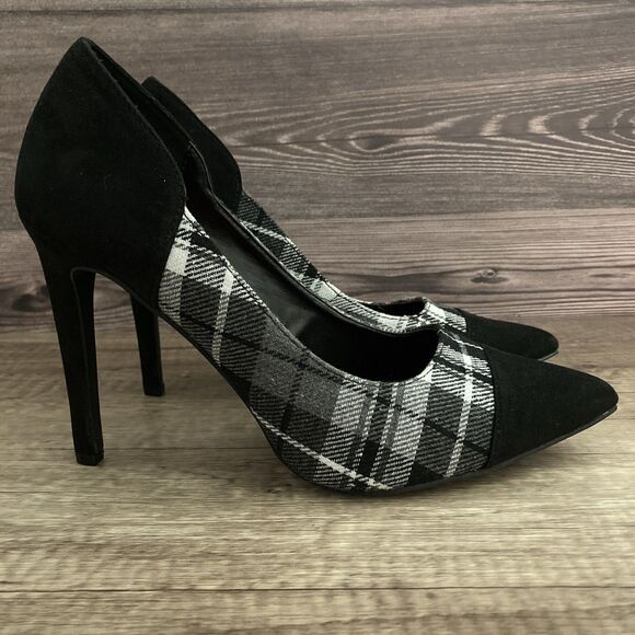 Penny Loves Kenny Plaid Heels SIZE 10 Black Velvet Pumps Pointed Toe - Picture 1 of 9